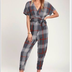 Slate Blue Plaid Print Surplice Jumpsuit